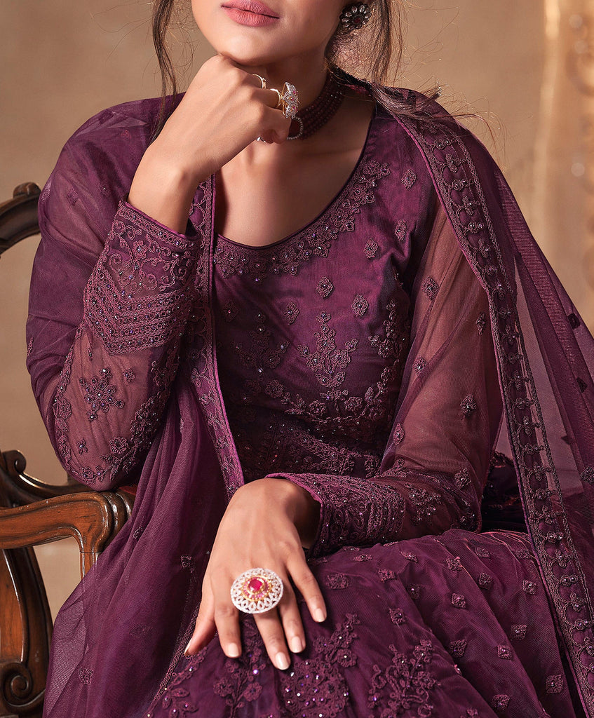 Wine Purple Designer Embroidered Wedding Anarkali Suit-Saira's Boutique