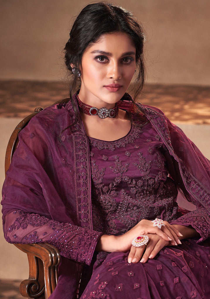 Wine Purple Designer Embroidered Wedding Anarkali Suit-Saira's Boutique