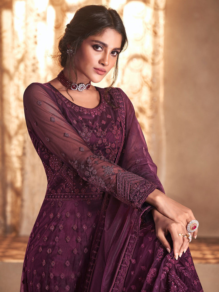 Wine Purple Designer Embroidered Wedding Anarkali Suit-Saira's Boutique