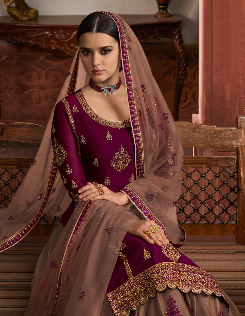 Wine Purple & Taupe Designer Embroidered Kurti Style Lehenga-Saira's Boutique