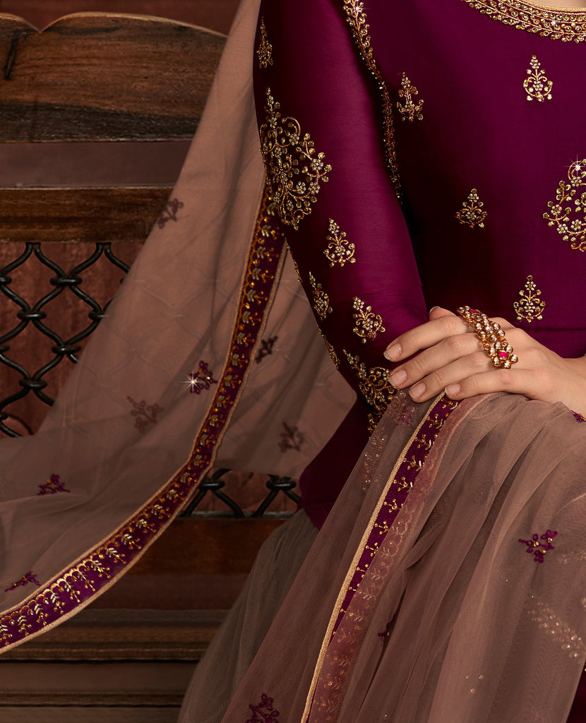 Wine Purple & Taupe Designer Embroidered Kurti Style Lehenga-Saira's Boutique