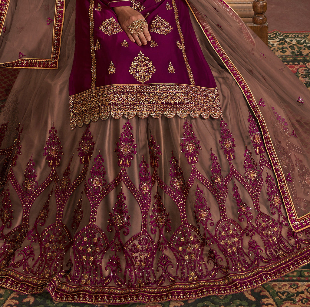 Wine Purple & Taupe Designer Embroidered Kurti Style Lehenga-Saira's Boutique