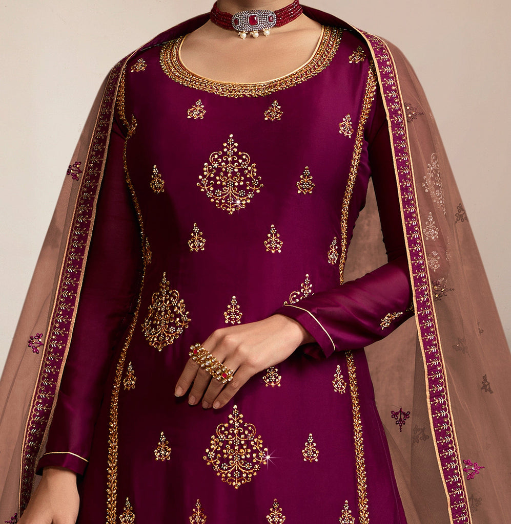 Wine Purple & Taupe Designer Embroidered Kurti Style Lehenga-Saira's Boutique