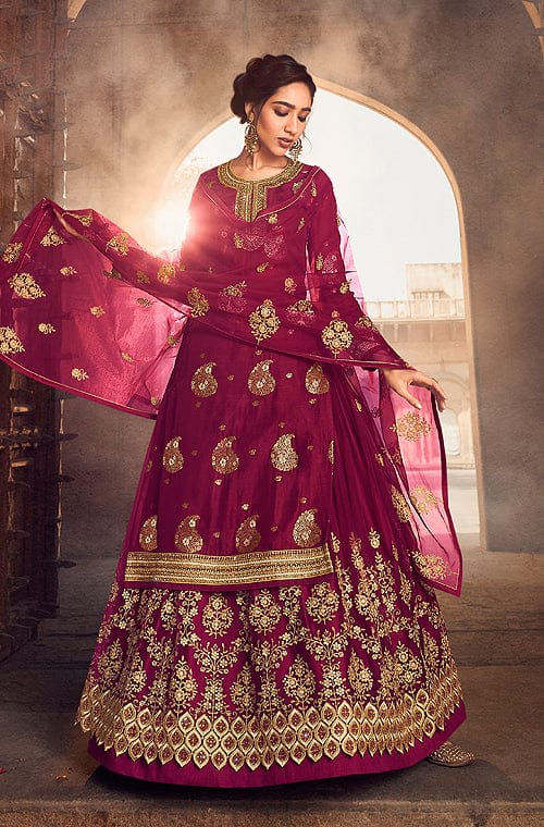 Wine Red Designer Embroidered Kurti Style Lehenga Saira's Boutique