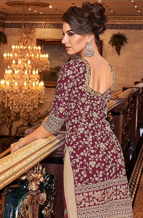 Wine & Light Beige Designer Embroidered Wedding Gharara Suit-Saira's Boutique