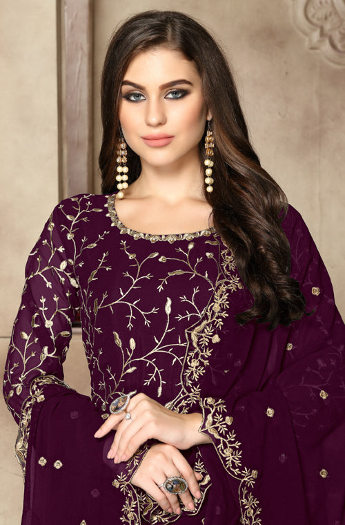 Wine Purple Designer Heavy Embroidered Georgette Wedding Anarkali Suit ...