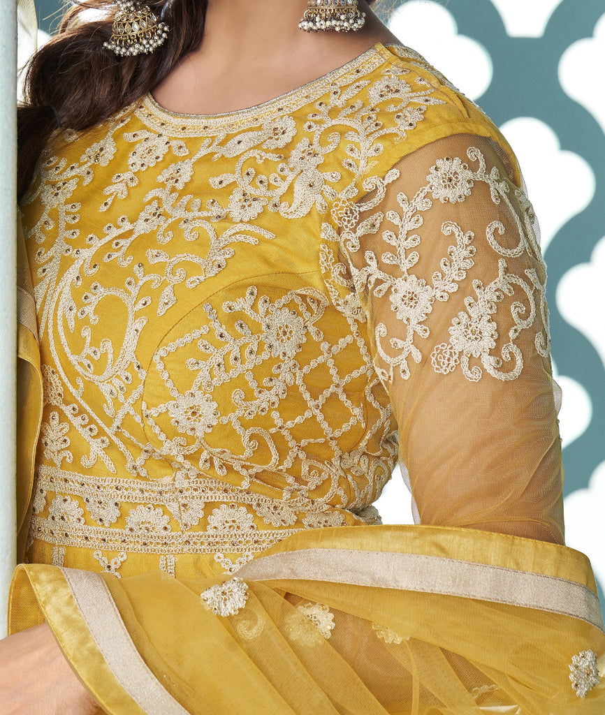Yellow Designer Embroidered Lehenga Style Anarkali Suit-Saira's Boutique