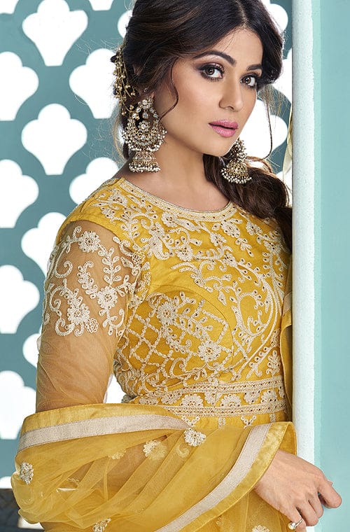 Yellow Designer Embroidered Lehenga Style Anarkali Suit-Saira's Boutique