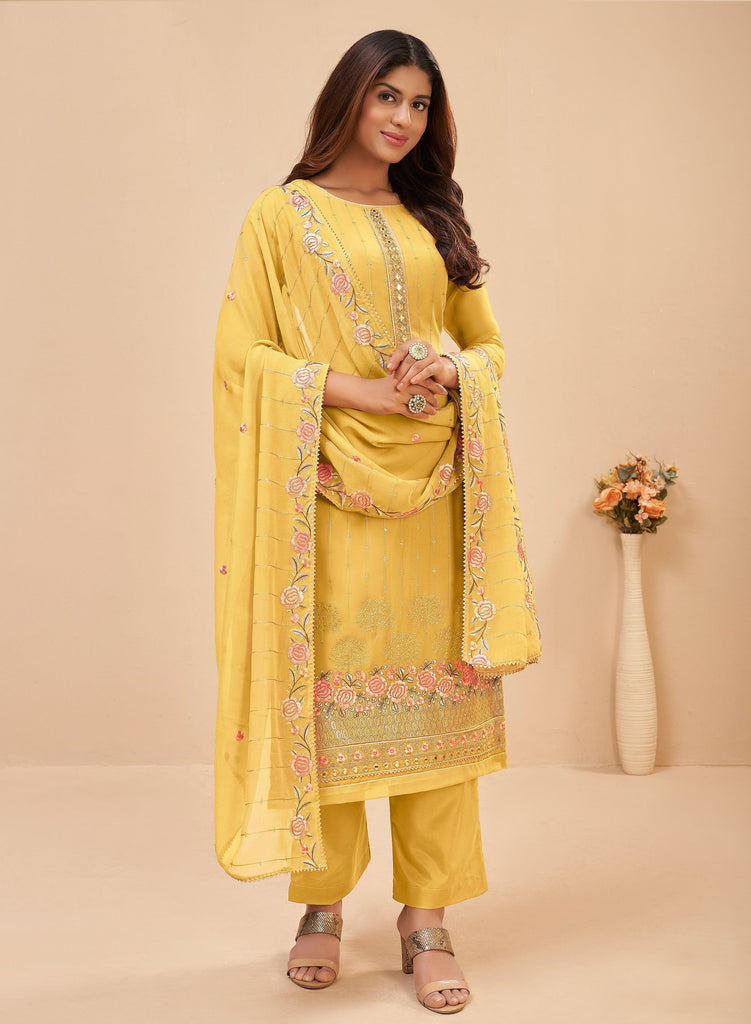 Mustard Yellow Exquisite Designer Party Wear Georgette Salwar Suit –  Fashionfy