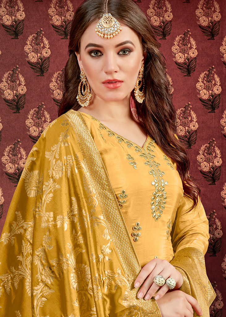 Yellow Designer Embroidered Silk Wedding Patiala Suit-Saira's Boutique