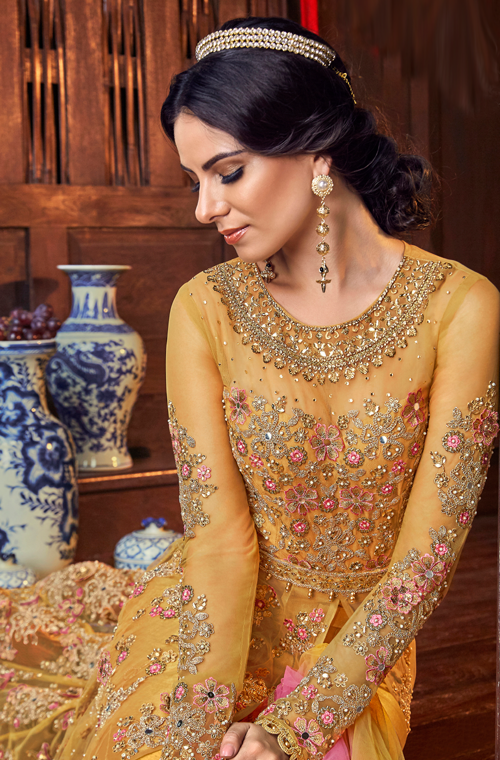 Yellow & Pink Designer Heavy Embroidered Bridal Anarkali Gown-Saira's Boutique
