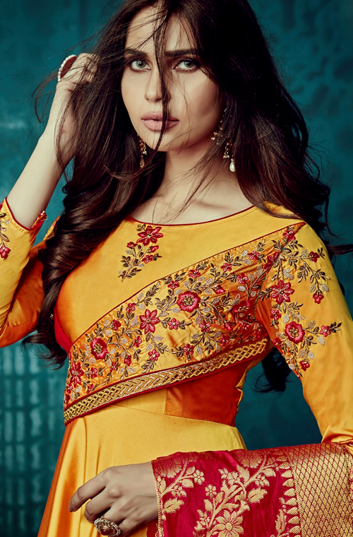 Yellow & Red Designer Embroidered Readymade Taffeta Silk Anarkali Suit-Saira's Boutique