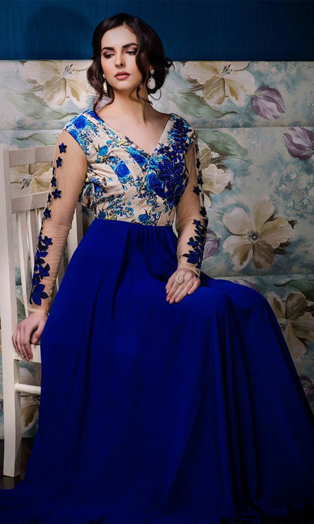 Royal Blue & Beige Designer Party Wear Gown-Saira's Boutique