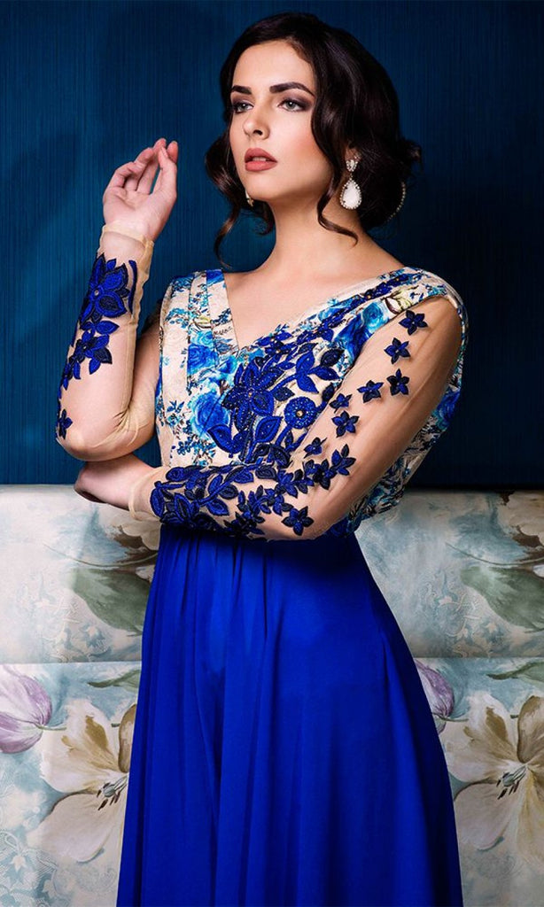 Royal Blue & Beige Designer Party Wear Gown-Saira's Boutique