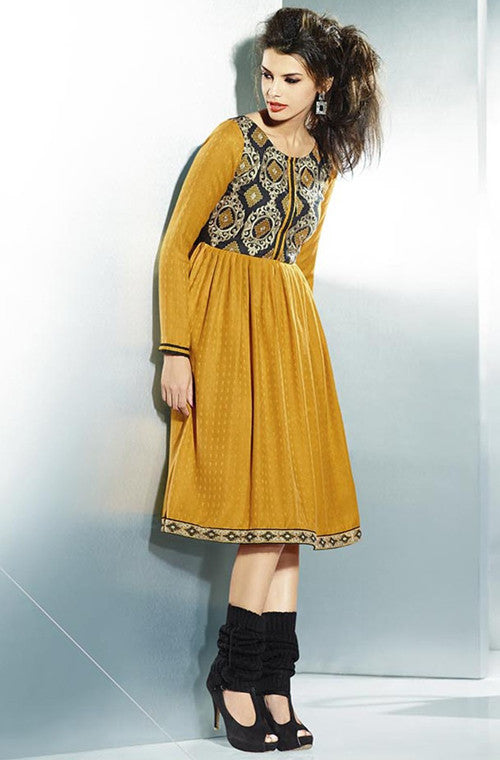 Mustard Yellow Embroidered Pashmina Kurti-Saira's Boutique